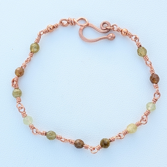 Dainty Copper Bracelet Natural Green Garnet Gems Artisan Crafted Feminine Style